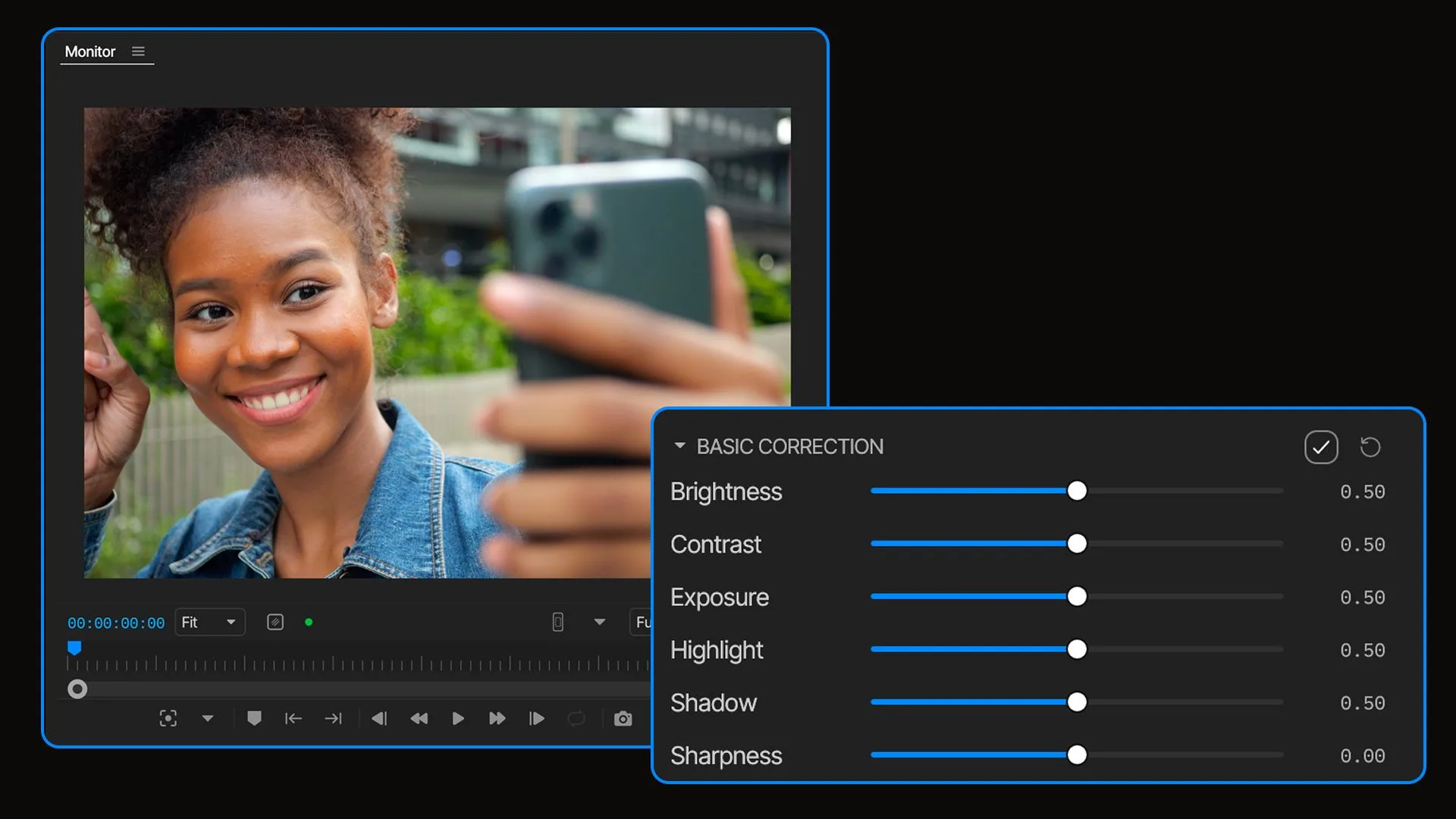 Brightness, contrast, and exposure correction panel in invideo Editor